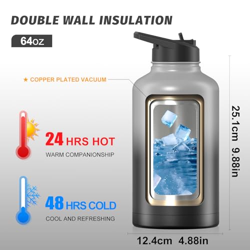 Image of 64oz Insulated Water Bottle (Cold for 48 Hrs),BPA Free&Leak Proof,Half Gallon Stainless Steel Water Flask,Water Jug with Straw Spout Lids for Gym,Hiking,Camping,Grey Black