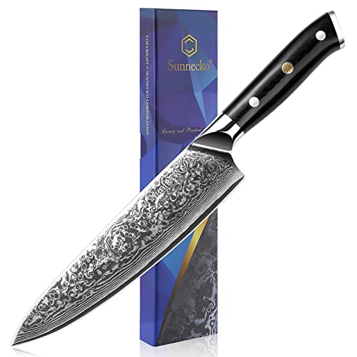 Sunnecko Damascus Chef Knife 8 inch, Sharp Kitchen Knives with 73-Layer VG10 Damascus Steel, Chefs Knife with G10 Handle Professional Knife with Elegant Box for Meat