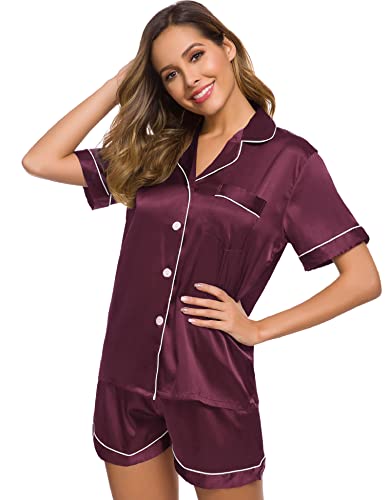 Image of SWOMOG Womens Silk Satin Pajamas Set Short Sleeve Sleepwear Button Down Top and Shorts Loungewear 2 Piece Pjs Set XS-3XL