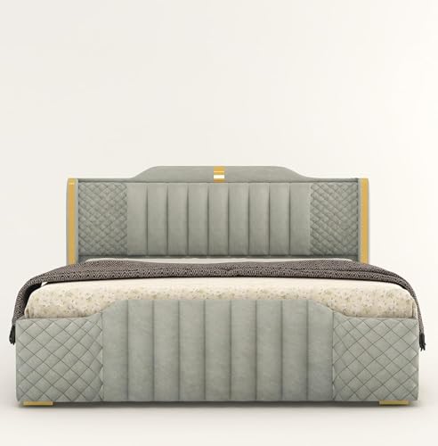 Image of Modern Upholstered King Size Bed with Storage | Double Bed with Box Storage & Upholstery Premium Fabric Headboard | Platform Bed for Bedroom & Hotel | Sheesham Wood, Grey, 6.5 x 6 Ft