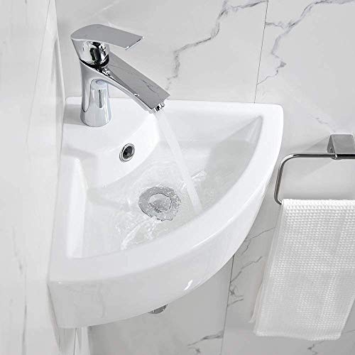 Bokaiya Small Wall Mount Corner Bathroom Sink and Faucet Combo with Overflow Triangle White Porcelain Ceramic Wall Mount Mini Vanity Space Bathroom sink, Brushed Nickel Faucet and Drain Combo - Thumbnail 7