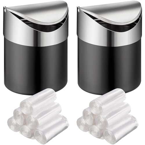 Yiyiring 2 pattumiere da scrivania con coperchi basculanti con 12 rotoli di sacchetti della spazzatura, 2 l, in acciaio inossidabile spazzolato, cestino della spazzatura con coperchio, per scrivania