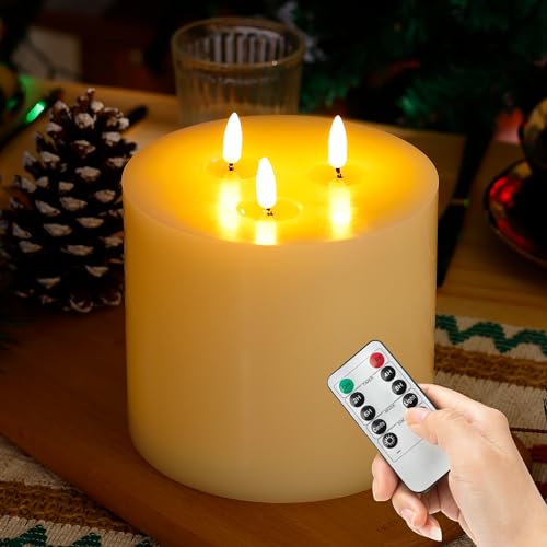 Image of Extra Large Flameless Candles, 6 inchx6 inch Real Wax Battery Operated Candles with Remote and Timer, Flickering LED Pillar Candles with 3 Wicks for Home, Wedding, Party, Holiday, Ivory