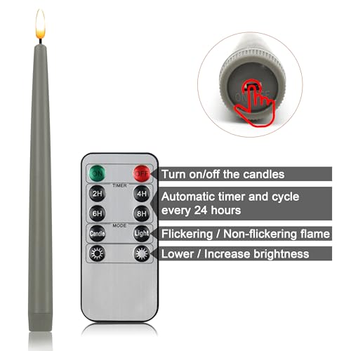 Image of CVHOMEDECO. Flameless Taper Candles with 10-Key Remote, Battery Operated Led Flickering 3D Wick Window Candles Real Wax Finished Home Christmas Party Decor 0.78 x 11 Inch, Pack of 3, Grey