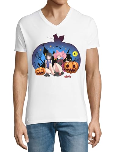 T-Shirt Fille Manga Halloween Citrouille Blanc Col V : Confort Coton Anti-Irritation