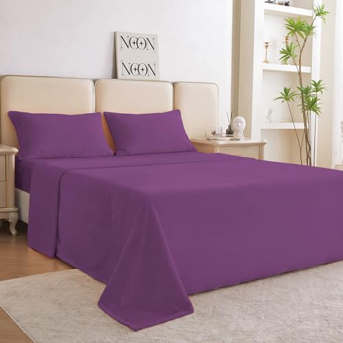 Image of Viviland Plush Microfleece King Bed Sheet Set, Purple | Soft Flannel-like Fleece, 100% Polyester, Fluffy Velvety Feel, 200GSM, 15 inch Deep Pocket, Warm Winter Gift & Decor