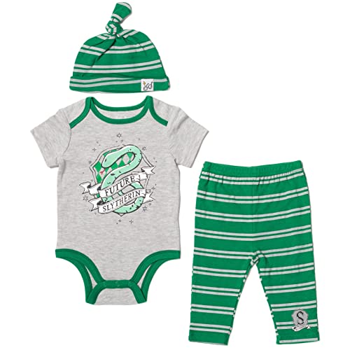 Image of Harry Potter Gryffindor Hufflepuff Ravenclaw Baby Bodysuit Pants and Hat 3 Piece Outfit Set Newborn to Infant