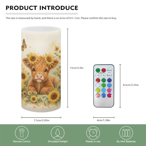 Image of Poceacles Flameless LED Candle Battery Powered Votive Lights Realistic Pillar Candle Decorative Tea Lights for Home Party Indoor Outdoor Decor, Highland Cow Sunflower Butterfly
