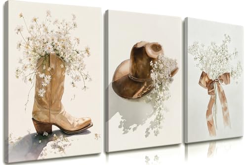 Image of Frimeeme Floral Cowgirl Boot and Cowboy Hat Canvas Wall Art,12x16 Inch
