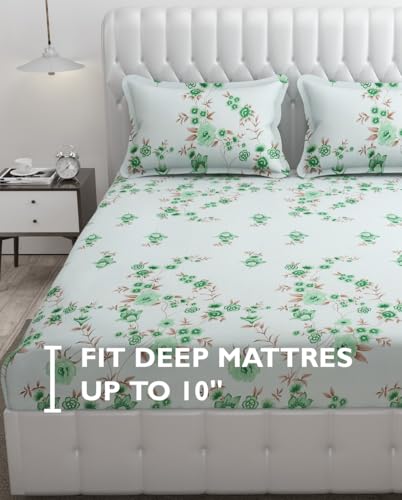 Image of Fresh From Loom Floral Print 240 TC Microfiber King Size Bedsheet Set with 2 Pillow Cover - Hypoallergenic & Soft (90 x 95 inch | Cyan, Floral Design)