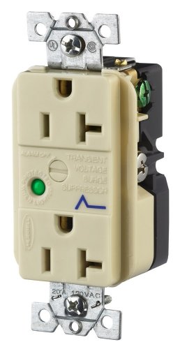 Hubbell HBL5360ISA Spike Shield Circuit Guard Specification Grade Surge Suppression Duplex Receptacle with Light, 125V AC, 60Hz, 20A, 2 Pole, 3 Wire, Ivory