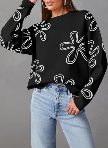 Dokotoo Sweaters for Women Casual Crewneck Long Sleeve Floral Print Cable Knit Pullover Sweater Tops2