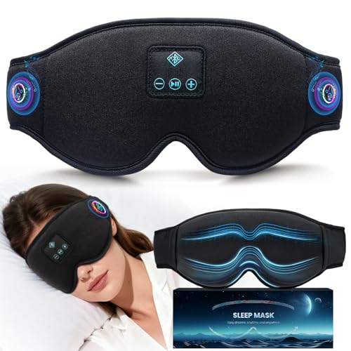 Bluetooth Sleep Mask, 100% Blackout 3D Sleep Headphones Eye Mask with Headphones for Men & Women, Wireless Music Sleeping Mask Headphone, Long Battery Life, Ideal for Travel/Nap/Night (Black)