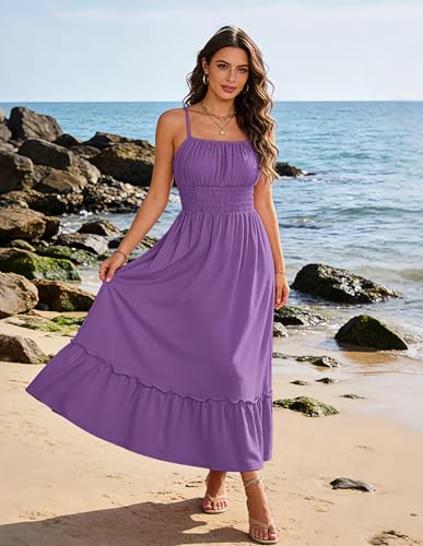 Image of GRACE KARIN Women's Summer Maxi Dress 2026,Smocked Ruched Bust Sundress with Adjustable Straps & Pockets-Beach Vacation Dress