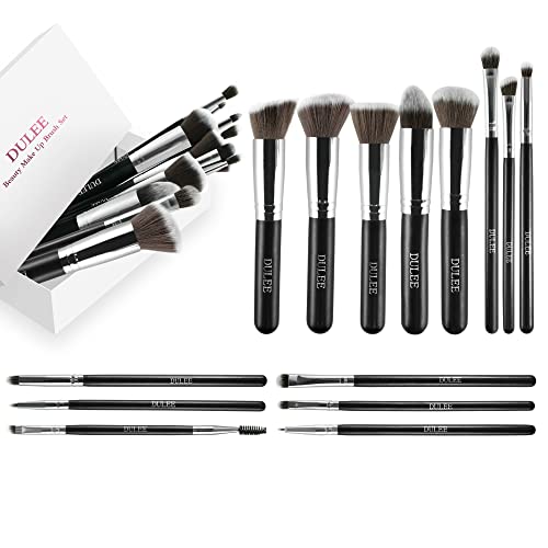 DULEE 14 Pcs Conjuntos de Pinceles de Maquillaje Cepillo Cosmético Profesional Brochas de Maquillaje Fibras Sintéticas para Foundation Face Powder Blush Blending ojos Make Up Kits de Pinceles,Plata