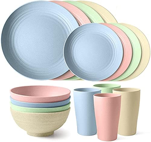 28 pcs Camping Set, Lightweight Cutlery Set,Unbreakable Dinner Sets, Large Dinner Plates, Cups, Bowls, Cutlery. Great for Whole Family & Adult, Apply to Picnic Party BBQ Wedding Camping