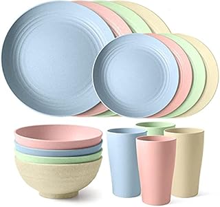 28 pcs Camping Set, Lightweight Cutlery Set,Unbreakable Dinner Sets, Large Dinner Plates, Cups, Bowls, Cutlery. Great for Whole Family & Adult, Apply to Picnic Party BBQ Wedding Camping