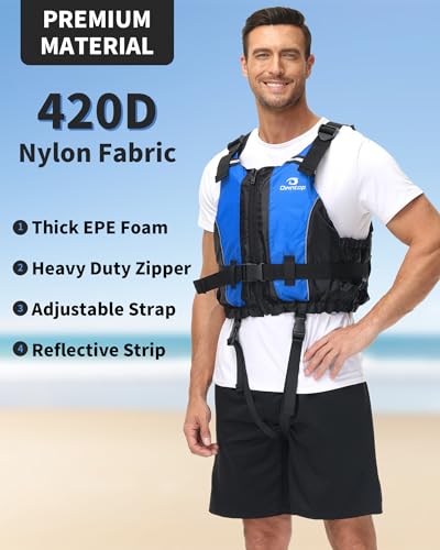 Owntop Schwimmhilfe Erwachsene, Schwimmjacke aus Schaumstoff mit Schrittgurt und Innentasche Unisex, Auftriebsweste für Sup Kajak Angeln Segeln Kanu - Blau XL/XXL