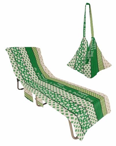 Happy St. Patrick's Day Beach Lounge Chair Towel Cover, Soft Chaise Lounge Towel with Side Pockets Patio Pool Chairs Cover for Beach/Pool Sunbathing 29x85 Green Lucky Clover Plaid Rustic