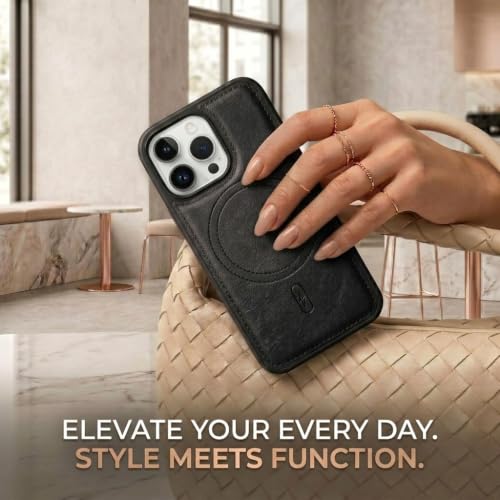 Image of amazon basics Premium PU Leather Case for iPhone 14 Pro, MagSafe Compatible Magnetic Ring, Sleek Protective Back Cover - [Black]