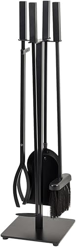 Modern Ember Harriet - Juego de herramientas para chimenea en color negro, incluye cepillo, pala, póker de fuego, pinzas y soporte, construcción de
