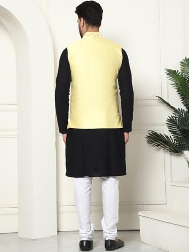 Image of SOJANYA (Since 1958 Men's Cotton Linen Maroon Kurta and White Pyjama with Mustard Cotton Nehru Jacket