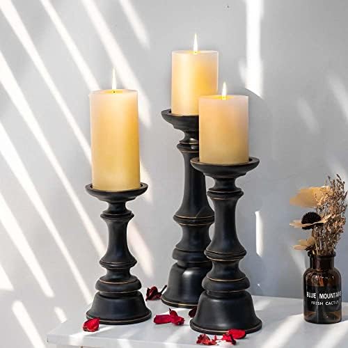 Resin Candle Holders Set of 3- Home Decor Pillar Candle Stand, Coffee Table Decor Centerpieces for Fireplace, Living or Dining Room Table (Black)