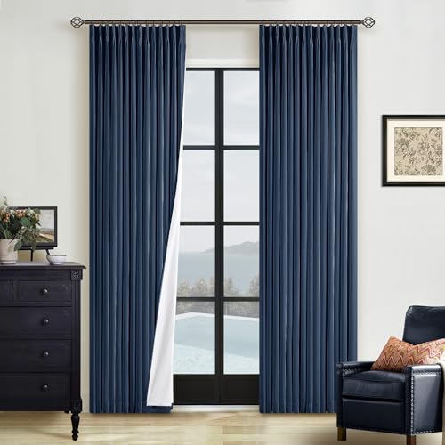 Navy Pinch Pleated 100% Blackout Linen Curtains for Bedroom 84 Inch Length Room Darkening with Liner Dark Blue Window Curtains 84 Inches Long for Living Room Black Out Pleat Drapes Back Tab