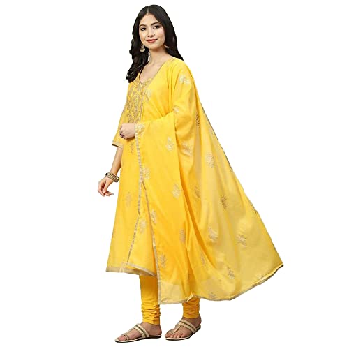 Image of BIBA Women Art Silk Straight Kurta Churidar Suit Set