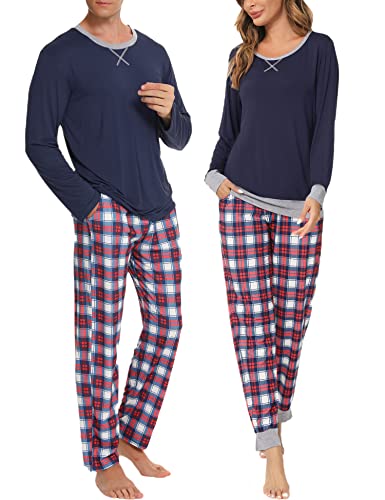 SWOMOG Men & Women Pajama Sets for Couples Long Sleeve Sleepwear Top Plaid Pants Loungewear Set with Pockets