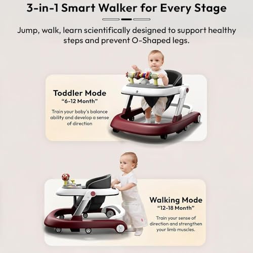 Image of StarAndDaisy Baby Walkers for 6-24 Month Baby Boy Girl /Walker for Kids for 1 Years with Adjustable Height, Musical Tray /Walker for Baby /Kids with Brakes Prevant from Falling (Tiny-Maroon)