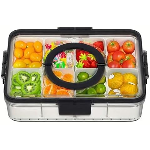 Food Storage Containers, 8 Compartment Snack Container with Dual Handles Reusable Divided Food Storage Boxes Fruit Serving Tray, Black Cover