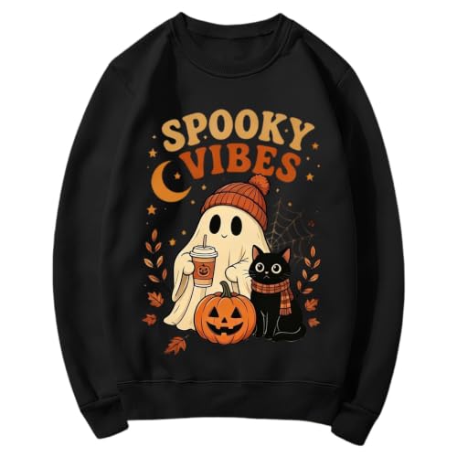 KWVOEBQ Halloween Tops for Women Black S Crew Neck Ghost Print Pullover - image 4