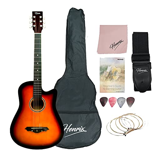 Image of Henrix 38C 38 Inch Basswood Cutaway Acoustic Guitar With Dual Action Truss Rod, Gigbag, Picks, String Set, String Winder, Strap, Polishing Cloth & Ebook - Sunburst