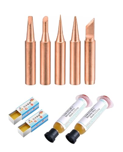 Image of Set of 5 Pcs Pure Copper Soldering Iron Bit Set with 2 Pcs. Flux RMA-223 10cc and 2 Pcs 5Gram Rosin Paste Tip Suitable For Model 936, 937, 907 900M-T (K /IS /SK /3C /I)