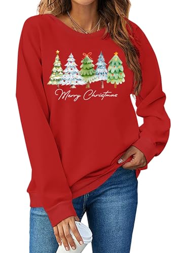 Image of PECHAR Christmas Tree Sweatshirts Women Pine Tree Print Shirts Nature Lover Gift Casual Tee Long Sleeve Xmas Pullover