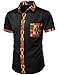 ZEROYAA Men's African Printed Patchwork Design Slim Fit Short Sleeve Button Down Shirt Kente Traditional Dashiki Black Medium