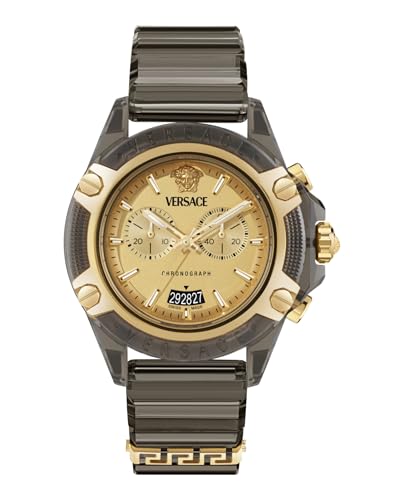 Versace Icon Active Collection Luxury Mens Watch Timepieces with a Black Strap and Case Featuring a Gold Dial