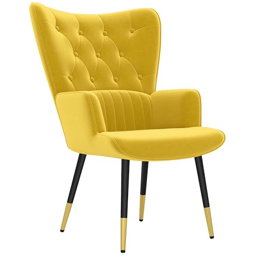 HOMCOM Poltrona Individuale da Camera e Salotto, Imbottita in Velluto con Braccioli, Schienale Alto e Gambe in Acciaio, Stile Moderno, 68x72x103 cm, Giallo