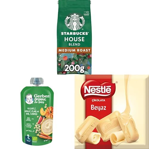 Starbucks House Blend Öğütülmüş Kahve 200 g x 1, Gerber Organik Yulaflı Elma Havuç ve Balkabaklı Püre 110g x 2, Nestlé Beyaz Çikolata 60 g x 6 x 1