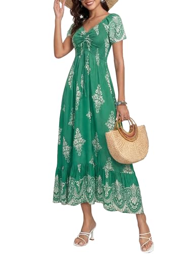 Image of Summer Smocked Boho Maxi Dress for Women 2026 Short Sleeve Floral Smocked Flowy Ruffled Beach Vacation Dresses Lightweight