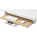 ETHU 後付けキーボードスライダー キーボードトレイ 引き出し付き 文具収納 天板2枚接ぎ クランク式 ペンケース付き フルキーボード スマホホルダー 人間工学 メープル