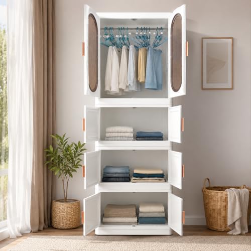 Image of EXVITO Modular Plastic Wardrobe for Bedroom | 1 Tier+3 Bins Foldable Cupboard with Hanging Rod | Stackable Storage Almirah for Clothes with Wheels | Multi-Layer Plastic Storage Cabinet - (White)