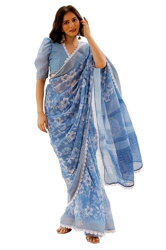 Image of MIRCHI FASHION Women's Ready-to-Wear Cotton Blend Pocket Saree || 1 Minute Drape Floral Printed Saree for Office & Daily Wear || Stitched Pleats Sari with Blouse