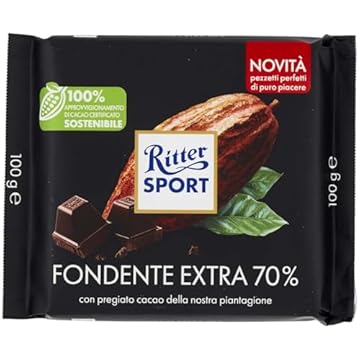 RITTER SPORT Fondente 70% Cacao, Tavoletta di Cioccolato Extra Fondente con Pregiato Cacao, Cacao 100% Certificato Sostenibile, 100g