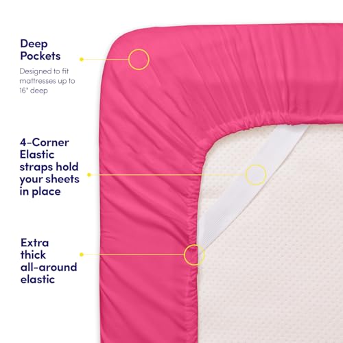 California King Size Sheet Set with Built-in Sheet Straps - Deep Pocket Fitted Sheet, Flat Sheet & Pillowcases - Soft, Wrinkle-Free, Secure Fit - Fuschia