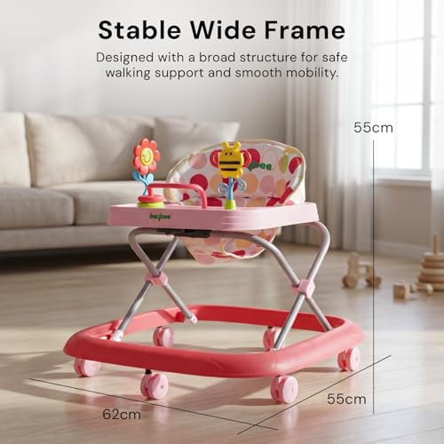 Image of Baybee Stepzilla Baby Walker for Kids | Foldable Activity Walker with 3-Level Height Adjustment, Soft Cushion Seat, Smooth Wheels & Toy Bar | Baby Walker for 6-18 Months Boys & Girls (Pink)