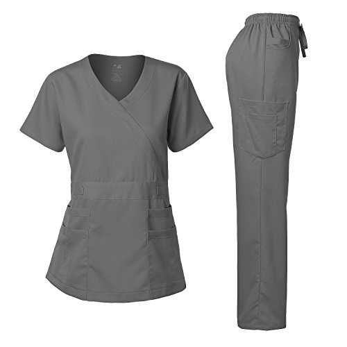 Women's Scrubs Set Stretch Ultra Soft Y-Neck Wrap Top and Pants Pewter Gray
