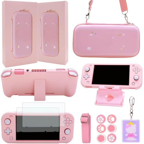 GUTIAL Accessories Bundle for Nintendo Switch Lite - Cute Kawaii NS Lite Accessories kit for Grils Boys Kids with Carrying Case, Cartoon Cover Case, Screen Protector, Stand - Pink