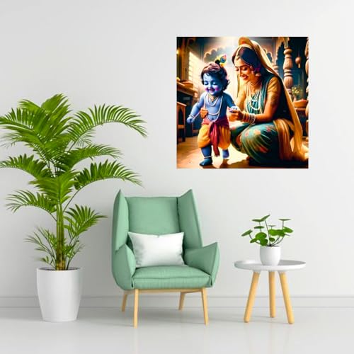 Image of Techgifti Baby Blue Krishna And yashoda Maa Chalna Wall Poster for Pooja Room, Office, Kids Room (Size- 46CM X 46CM)